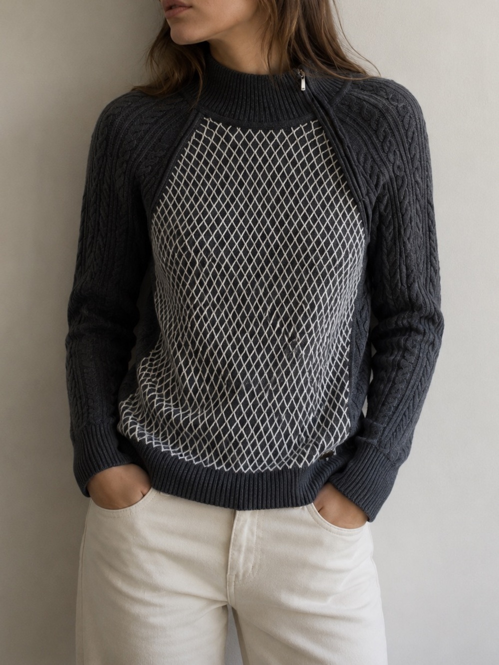NILS Gray Ski Chalet Cable Knit Sweater Small Mock Neck Nordic Alpine Cozy
